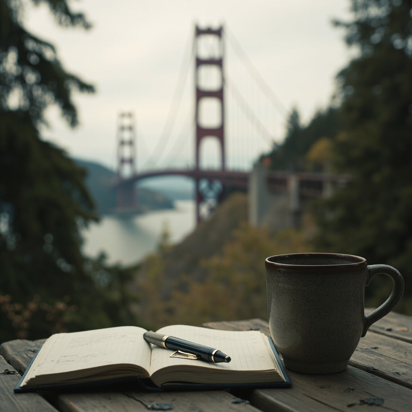 Notebook and pencil open beside a coffee mug at a rain-streaked window looking onto a wet shopping street in North Vancouver BC